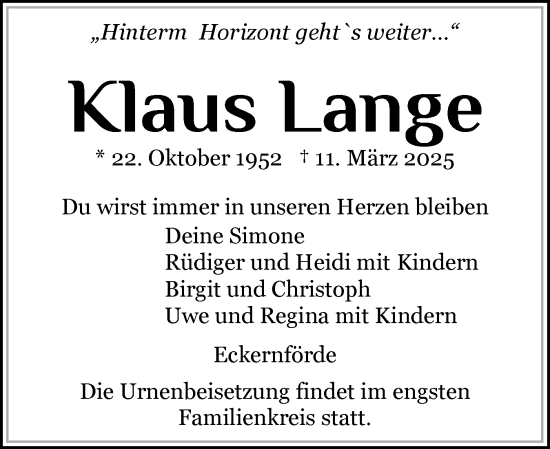 Traueranzeige von Klaus Lange von Eckernförder Zeitung, Hallo Eckernförde