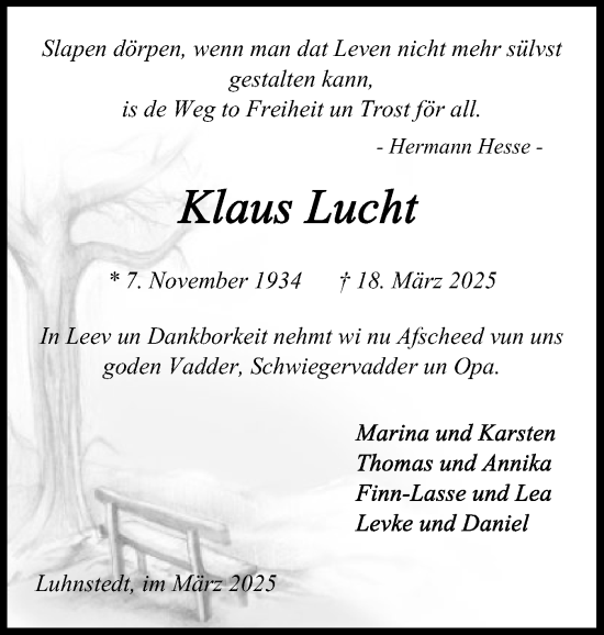 Traueranzeige von Klaus Lucht von Schleswig-Holsteinische Landeszeitung