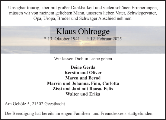 Traueranzeige von Klaus Ohlrogge von Wochenend Anzeiger