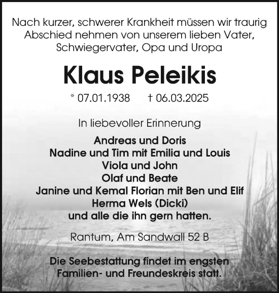 Traueranzeige von Klaus Peleikis von Sylter Rundschau