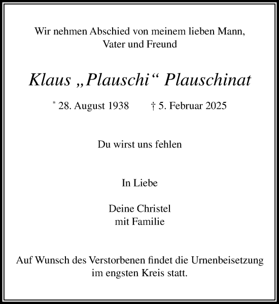 Traueranzeige von Klaus Plauschinat von MARKT Ahrensburg/Bargteheide/Trittau und Stormarner Tageblatt