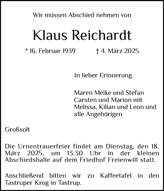 Traueranzeige von Klaus Reichardt von Flensburger Tageblatt