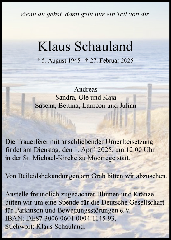 Traueranzeige von Klaus Schauland von Uetersener Nachrichten, Der tip am Wochenende