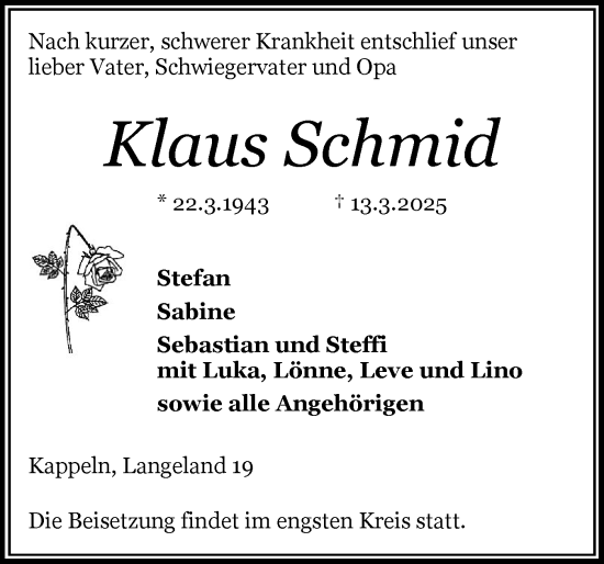 Traueranzeige von Klaus Schmid von Schleswiger Nachrichten, Schlei-Bote