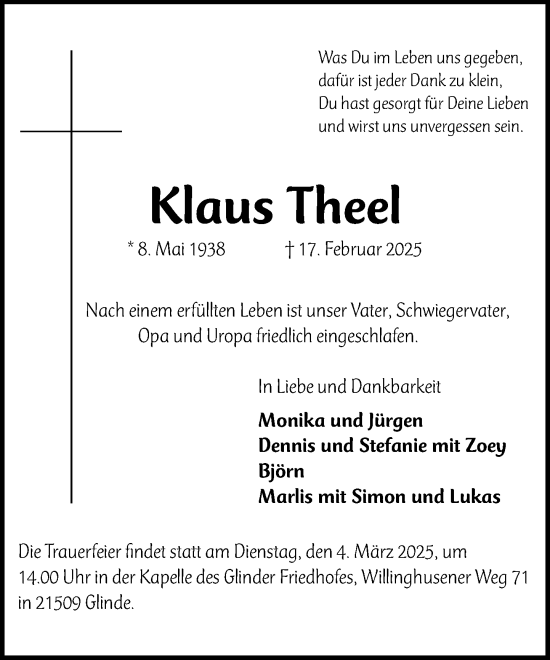 Traueranzeige von Klaus Theel von MARKT Glinde/Reinfeld