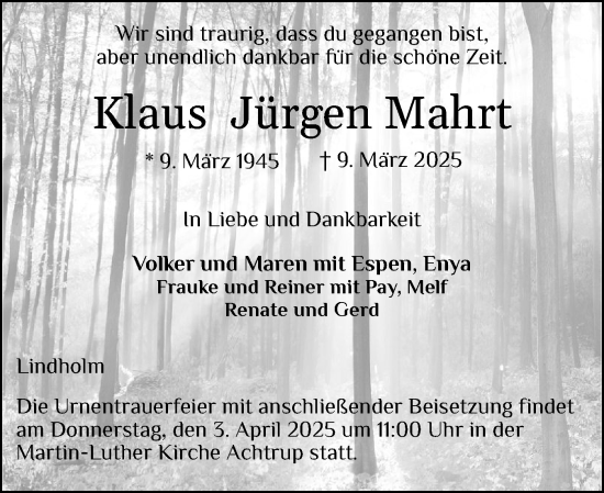 Traueranzeige von Klaus Jürgen Mahrt von Region Flensburg