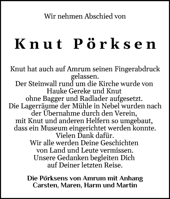 Traueranzeige von Knut Pörksen von Der Insel-Bote