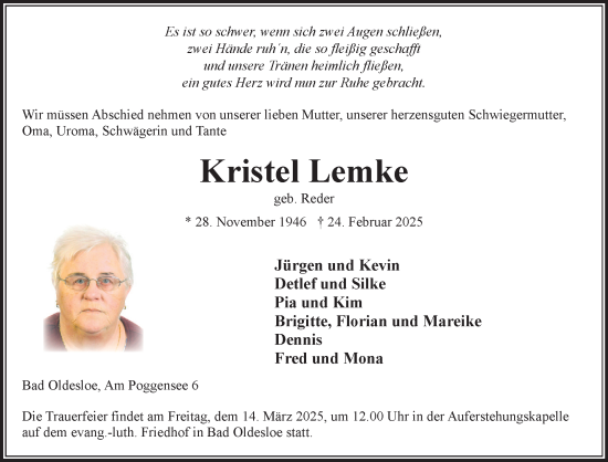 Traueranzeige von Kristel Lemke von MARKT Bad Oldesloe/Reinfeld und Stormarner Tageblatt