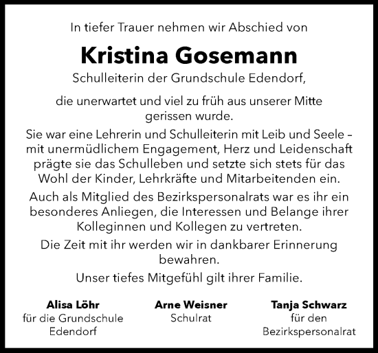 Traueranzeige von Kristina Gosemann von Norddeutsche Rundschau, Wilstersche Zeitung, Glückstädter Fortuna