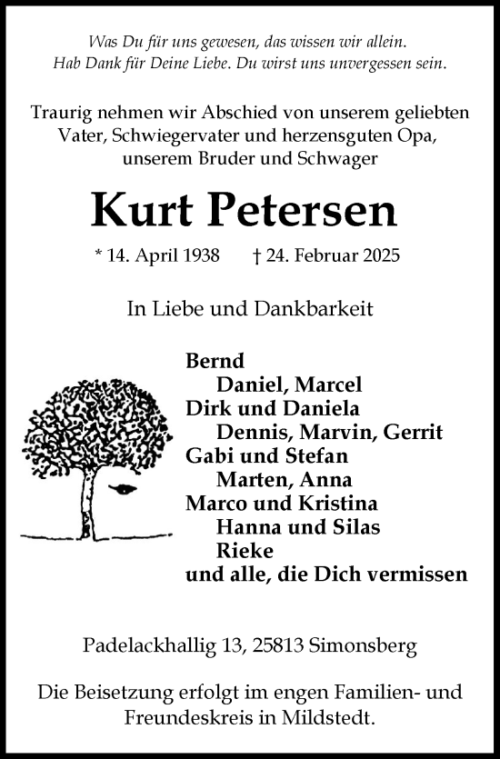 Traueranzeige von Kurt Petersen von Husumer Nachrichten, Nordfriesland Tageblatt