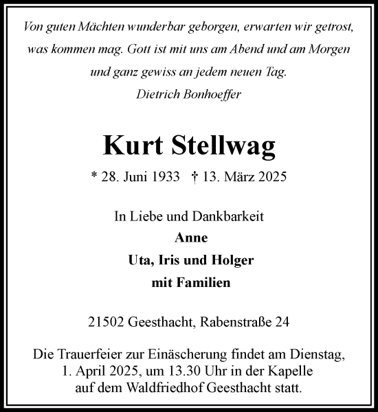 Traueranzeige von Kurt Stellwag von Wochenend Anzeiger