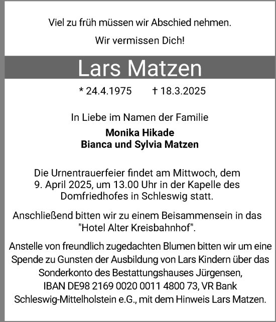 Traueranzeige von Lars Matzen von Schleswiger Nachrichten, Schlei-Bote
