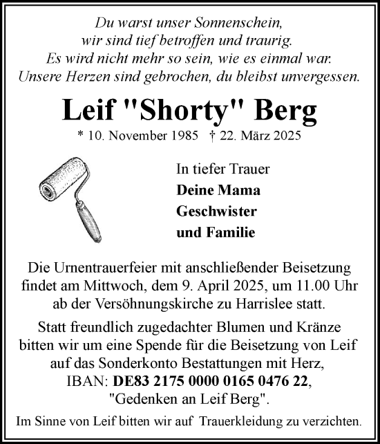 Traueranzeige von Leif Berg von Flensburger Tageblatt