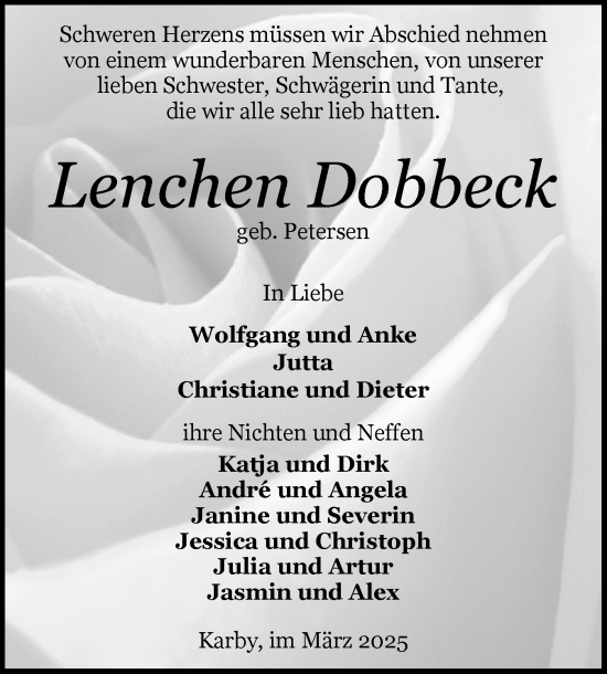Traueranzeige von Lenchen Dobbeck von Schleswiger Nachrichten, Schlei-Bote