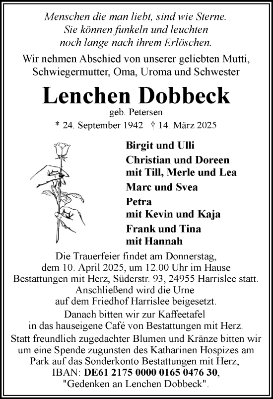 Traueranzeige von Lenchen Dobbeck von Flensburger Tageblatt, Schleswiger Nachrichten, Schlei-Bote