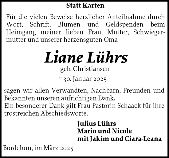Traueranzeige von Liane Lührs von Husumer Nachrichten, Nordfriesland Tageblatt