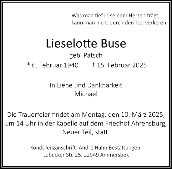 Traueranzeige von Lieselotte Buse von MARKT Ahrensburg/Bargteheide/Trittau und Stormarner Tageblatt