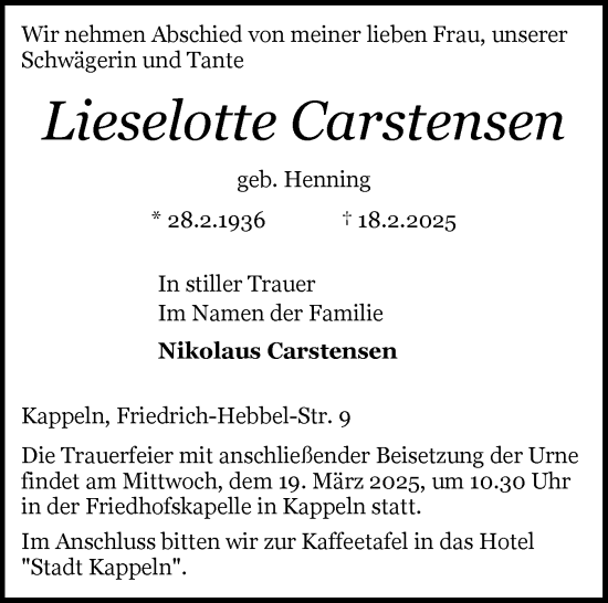 Traueranzeige von Lieselotte Carstensen von Schleswiger Nachrichten, Schlei-Bote