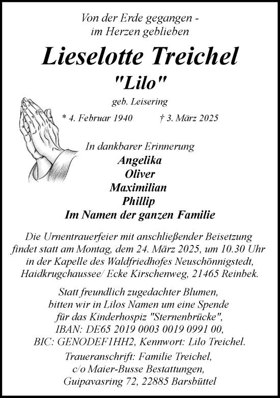 Traueranzeige von Lieselotte Treichel von MARKT Glinde/Reinfeld