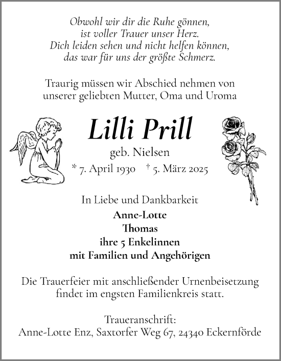 Traueranzeige von Lilli Prill von Eckernförder Zeitung, Hallo Eckernförde