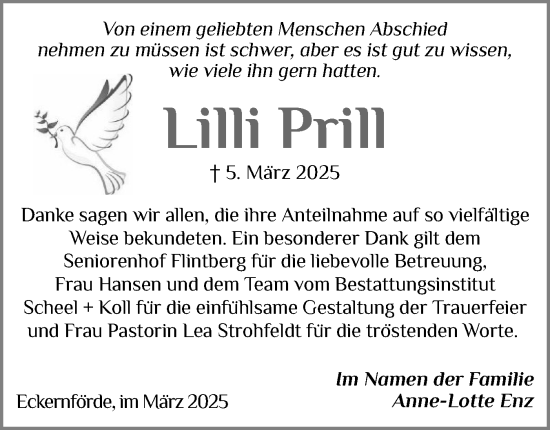 Traueranzeige von Lilli Prill von Eckernförder Zeitung, Hallo Eckernförde