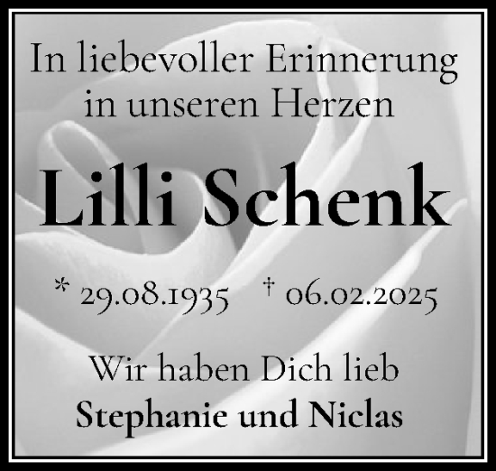 Traueranzeige von Lilli Schenk von Schleswig-Holsteinische Landeszeitung