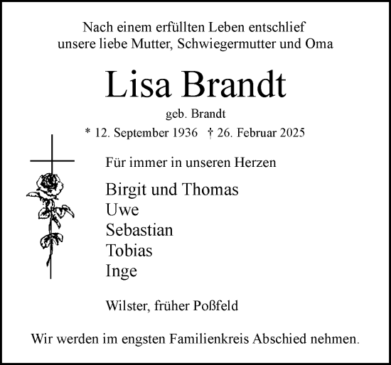 Traueranzeige von Lisa Brandt von Norddeutsche Rundschau, Wilstersche Zeitung, Glückstädter Fortuna