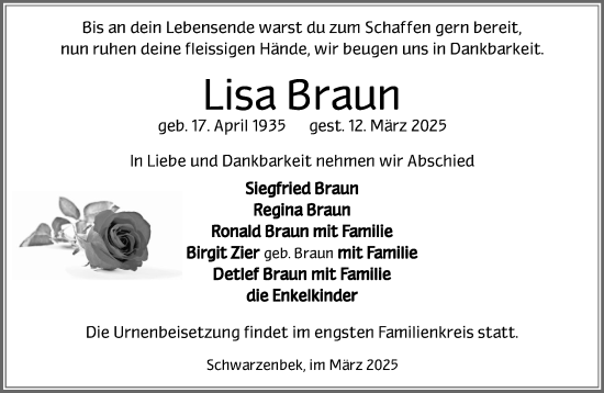 Traueranzeige von Lisa Braun von Wochenend Anzeiger