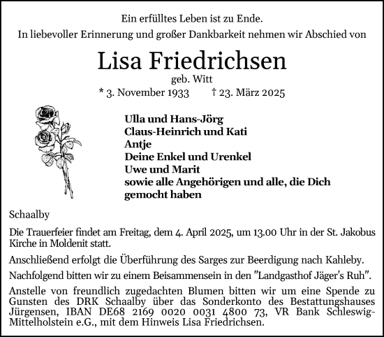 Traueranzeige von Lisa Friedrichsen von Schleswiger Nachrichten, Schlei-Bote