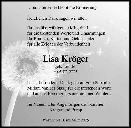 Traueranzeige von Lisa Kröger von Umschau