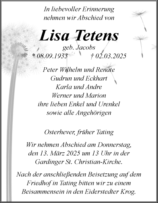 Traueranzeige von Lisa Tetens von Husumer Nachrichten, Nordfriesland Tageblatt