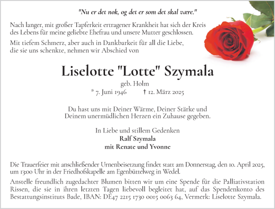 Traueranzeige von Liselotte Szymala von Wedel-Schulauer Tageblatt, tip Wedel-Schulauer Tageblatt, tip Rissener Rundschau