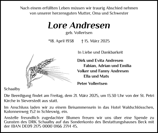 Traueranzeige von Lore Andresen von Flensburger Tageblatt, Schleswiger Nachrichten, Schlei-Bote