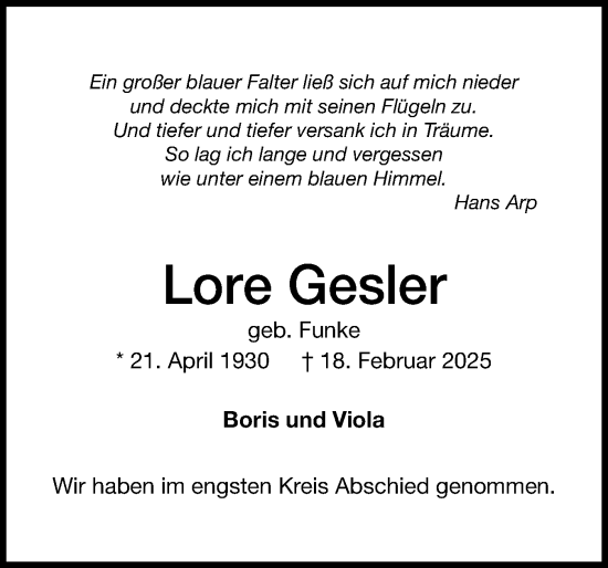 Traueranzeige von Lore Gesler von Schleswiger Nachrichten, Schlei-Bote