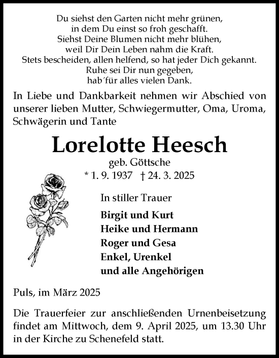 Traueranzeige von Lorelotte Heesch von Norddeutsche Rundschau, Wilstersche Zeitung, Glückstädter Fortuna