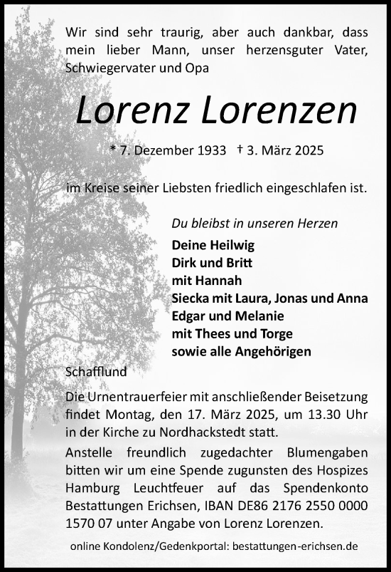 Traueranzeige von Lorenz Lorenzen von Flensburger Tageblatt