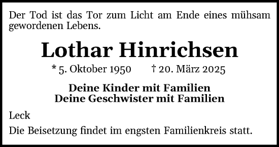 Traueranzeige von Lothar Hinrichsen von Husumer Nachrichten, Nordfriesland Tageblatt