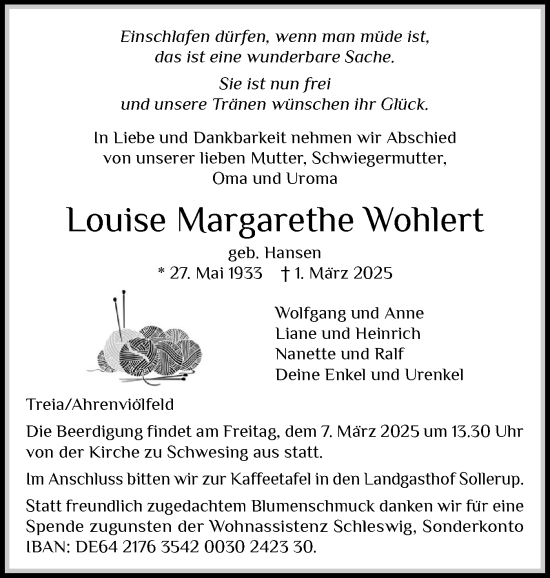 Traueranzeige von Louise Margarethe Wohlert von Husumer Nachrichten, Nordfriesland Tageblatt