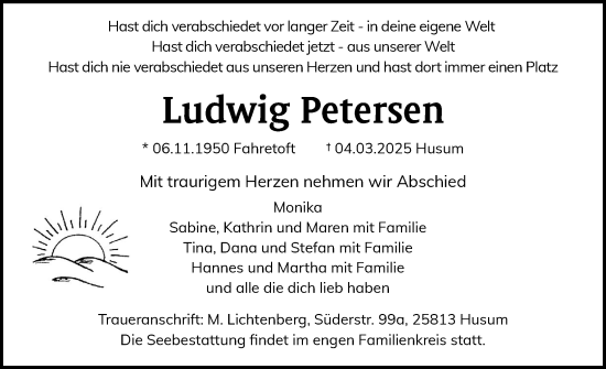 Traueranzeige von Ludwig Petersen von Husumer Nachrichten, Nordfriesland Tageblatt