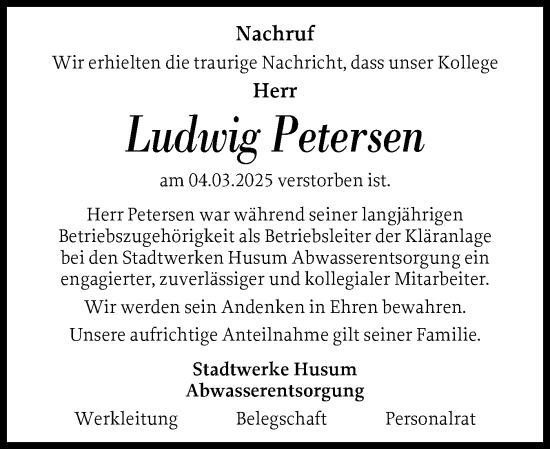 Traueranzeige von Ludwig Petersen von Husumer Nachrichten, Nordfriesland Tageblatt