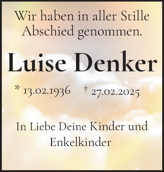 Traueranzeige von Luise Denker von Schleswiger Nachrichten, Schlei-Bote