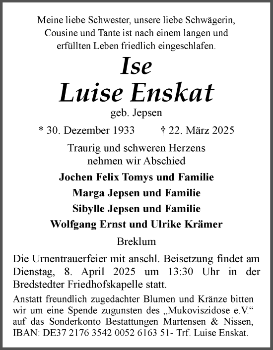 Traueranzeige von Luise Enskat von Husumer Nachrichten, Nordfriesland Tageblatt