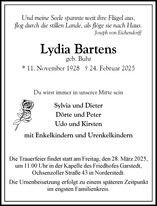 Traueranzeige von Lydia Bartens von Heimatspiegel