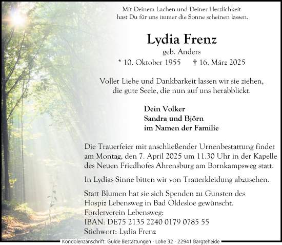 Traueranzeige von Lydia Frenz von MARKT Ahrensburg/Bargteheide/Trittau und Stormarner Tageblatt