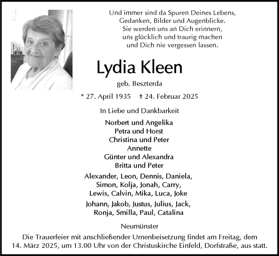 Traueranzeige von Lydia Kleen von Holsteinischer Courier