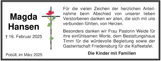 Traueranzeige von Magda Hansen von Husumer Nachrichten, Nordfriesland Tageblatt