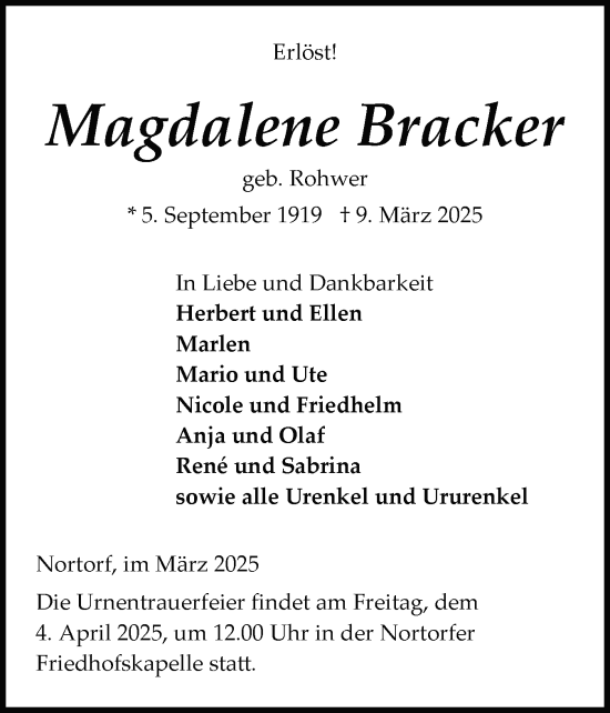 Traueranzeige von Magdalene Bracker von Schleswig-Holsteinische Landeszeitung