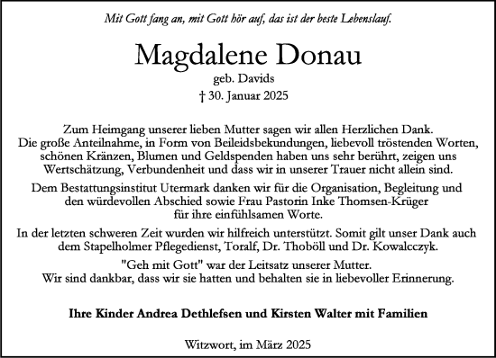 Traueranzeige von Magdalene Donau von Husumer Nachrichten, Nordfriesland Tageblatt