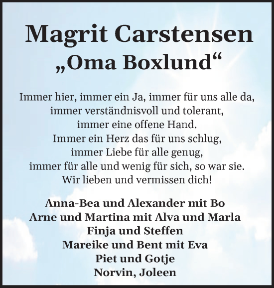 Traueranzeige von Magrit Carstensen von Husumer Nachrichten, Nordfriesland Tageblatt