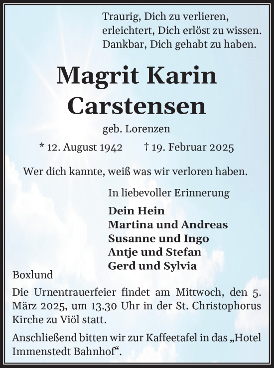 Traueranzeige von Magrit Karin Carstensen von Husumer Nachrichten, Nordfriesland Tageblatt